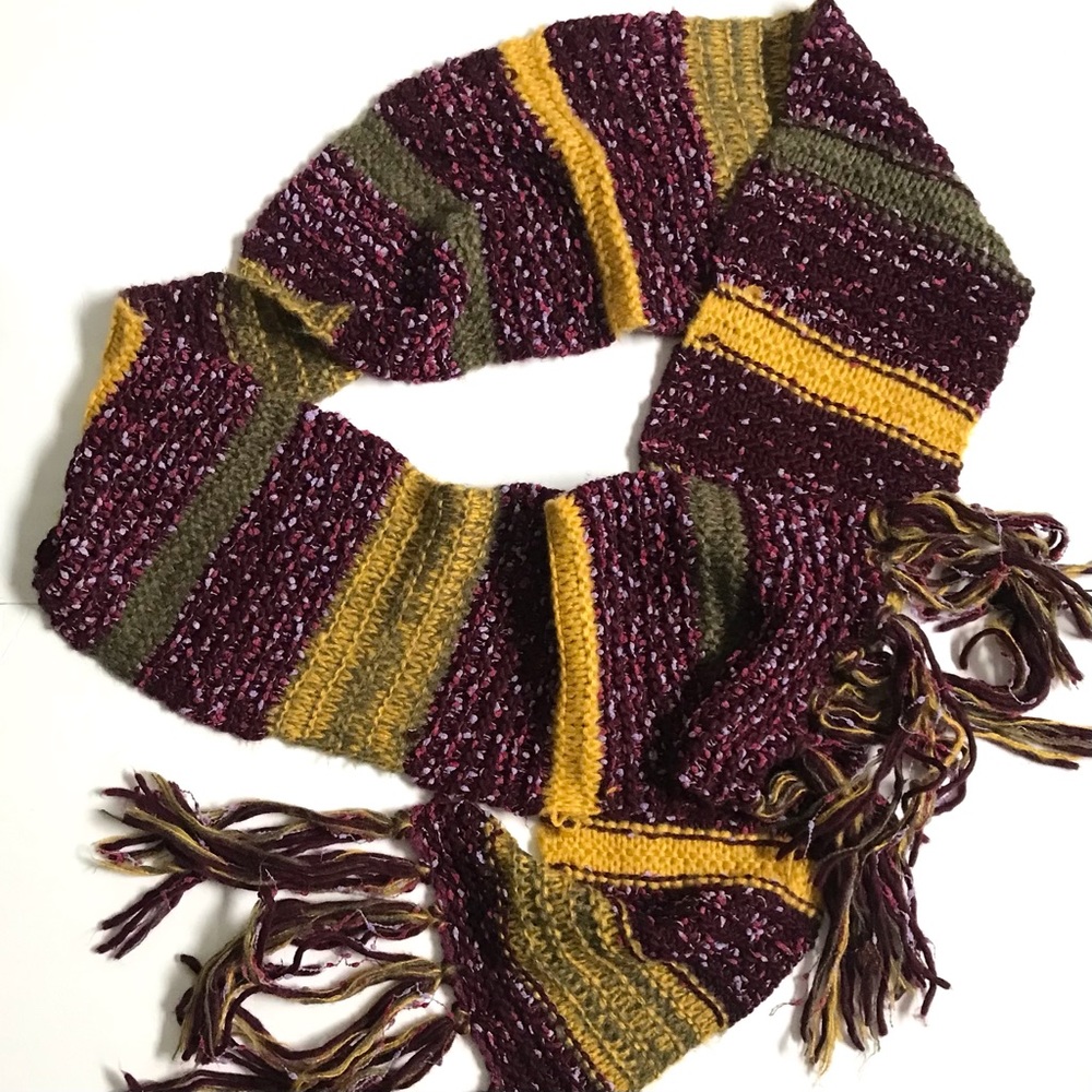 Boho Chic Hand Knit Colorful Striped Design Oversized Artisan Fringe Trim Scarf - Picture 2 of 4